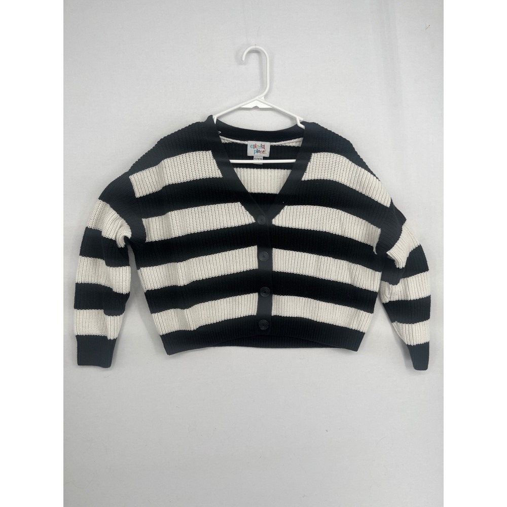 Colorful Planet Striped Cardigan Sweater Black White Rib Knit Girls XL 14/16